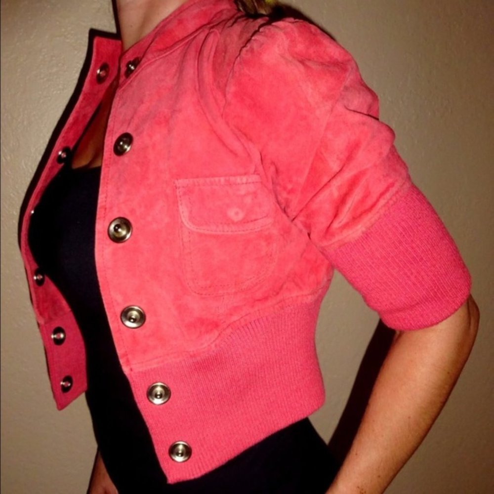 Guess salmon pink suede vintage crop coat jacket winter trending